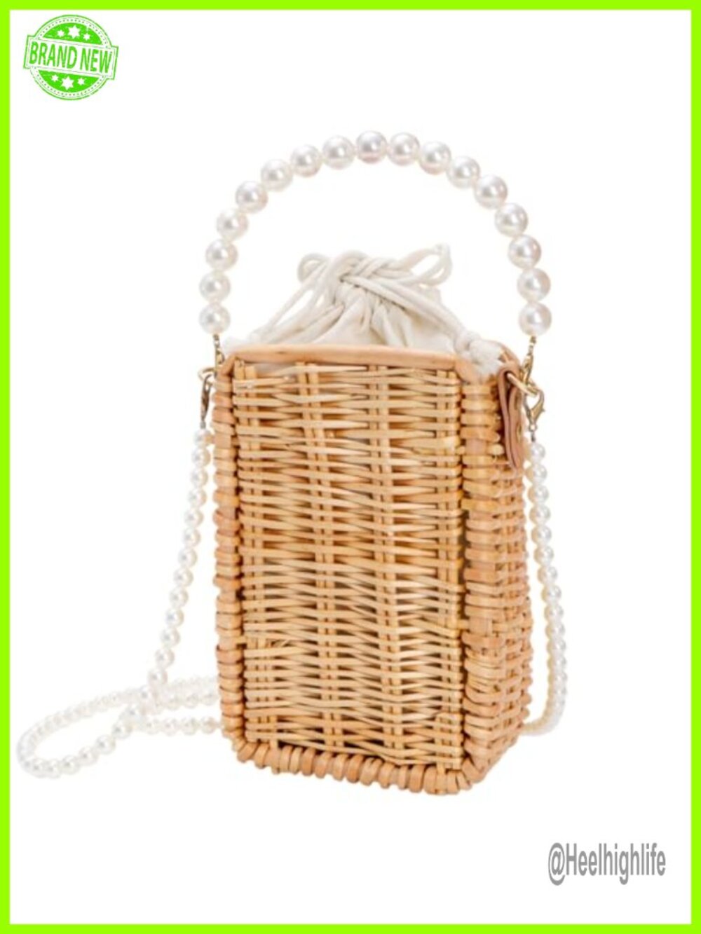 Handwoven Rattan Basket Purse Pearl Handle Straw Tote Beach Bag